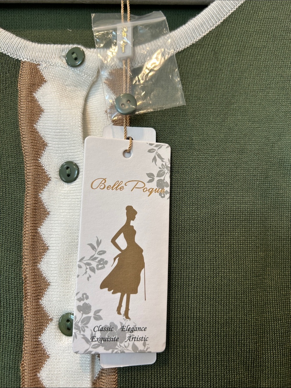 Belle Poque Olive Green Contrast-Trim Cardigan - Picture 2 of 5